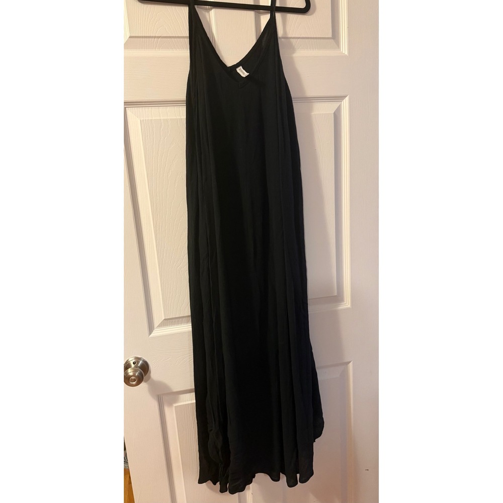 Zenana Black Rayon Maxi Dress Large V-Neck Flowy Boho Crinkle Beach